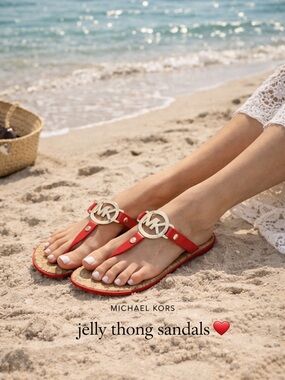 Michael Kors Jelly Thong Sandals – cherry Red Logo Charm Cork Sole Size 9